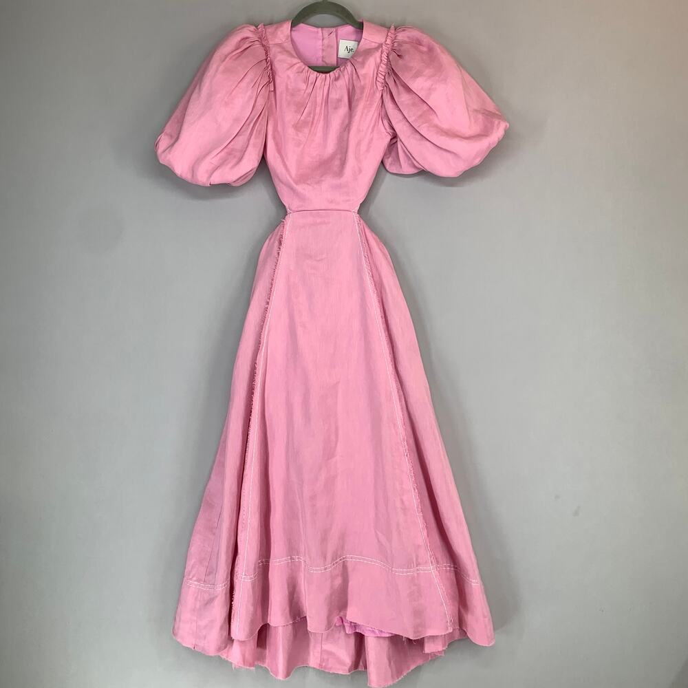 AJE Serendipity Cut Out Dress Musk Pink Puff Sleeve Women 4 Maxi Pockets - Picture 10 of 16